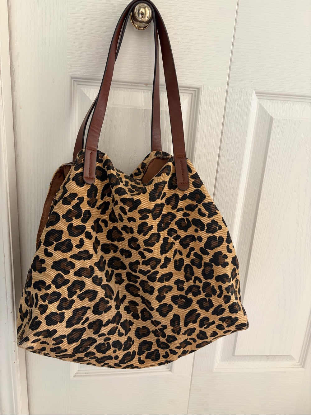 GAP Leopard Print Tote with Brown Leather Straps